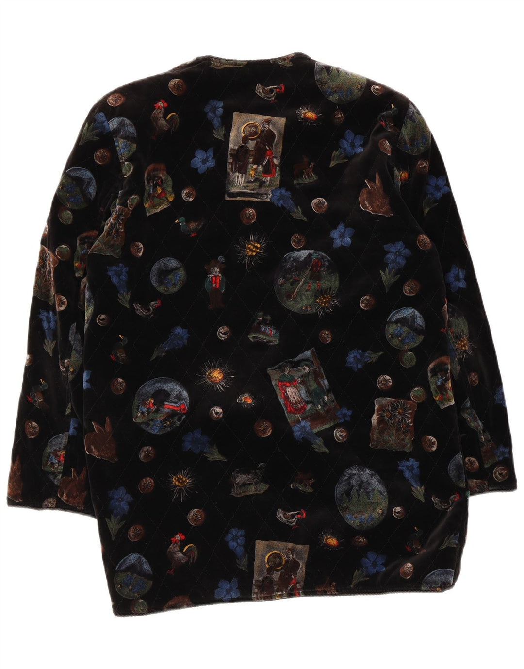 Soprabito vintage in velluto grafico da donna UK 12 medio nero floreale