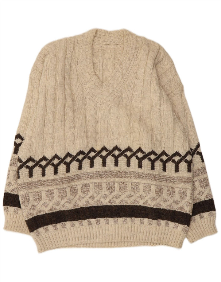 Maglione vintage da uomo con scollo a V, acrilico Fair Isle, beige medio