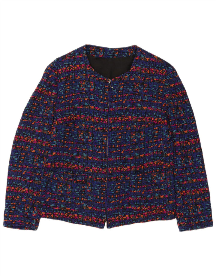 Giacca blazer vintage da donna con zip intera UK 8 piccola blu geometrica