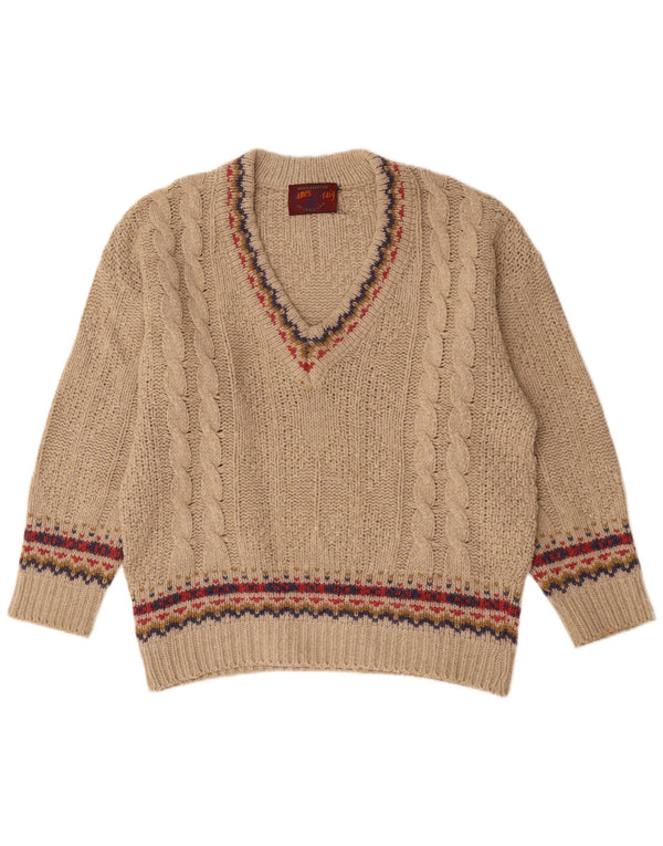 Maglione vintage da uomo con scollo a V XL Beige Fair Isle Lambswool
