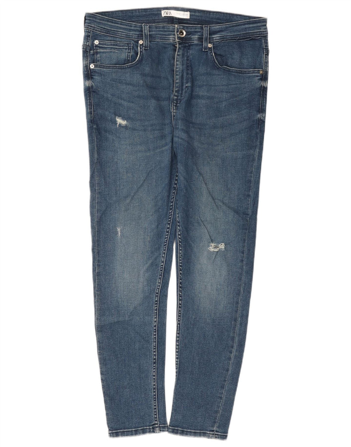 Jeans slim invecchiati da uomo Zara EU 42 Large W32 L27 cotone blu