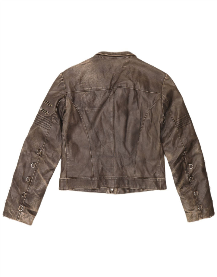 Giacca da corsa vintage in pelle corta da donna IT 42 Marrone medio