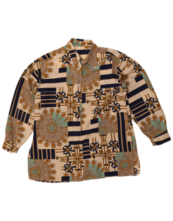 Camicetta camicia oversize da donna vintage con motivo astratto UK 10 piccola Beige