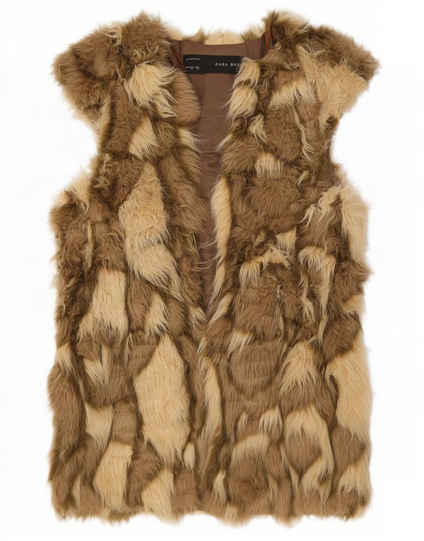 Zara Womens Open Faux Fur Gilet UK 12 Medium Beige Animal Print