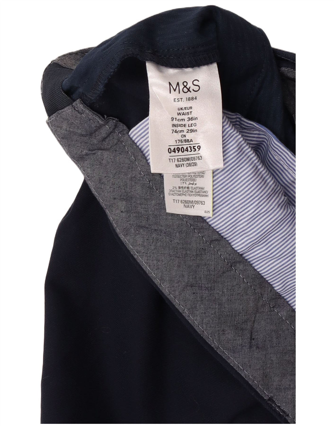 Pantaloni da abito dritti da uomo Marks & Spencer W36 L27 poliestere blu navy
