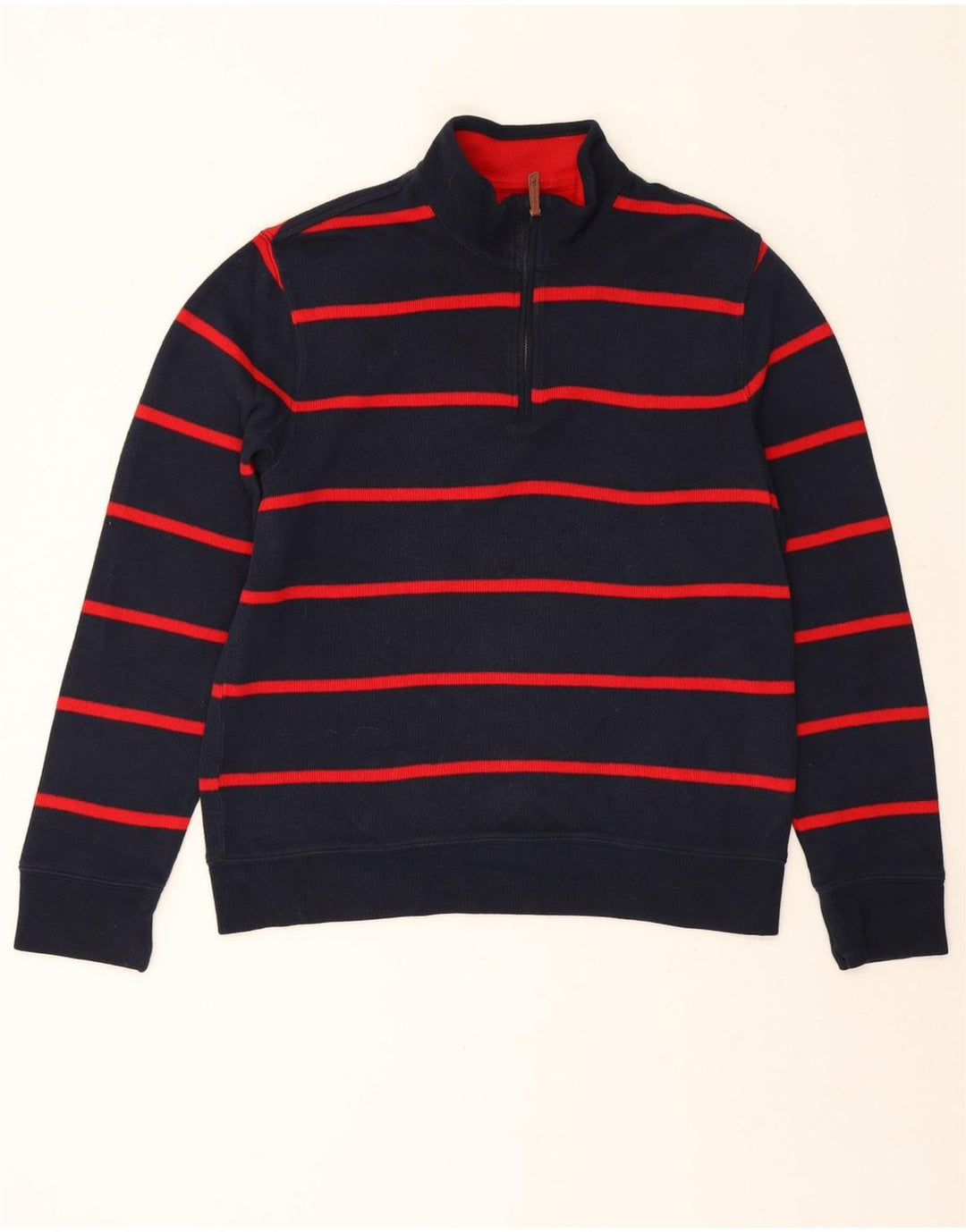 LANDS END Mens Zip Neck Jumper Sweater Medium Navy Blue Striped Cotton Vintage Lands End and Second-Hand Lands End from Messina Hembry 