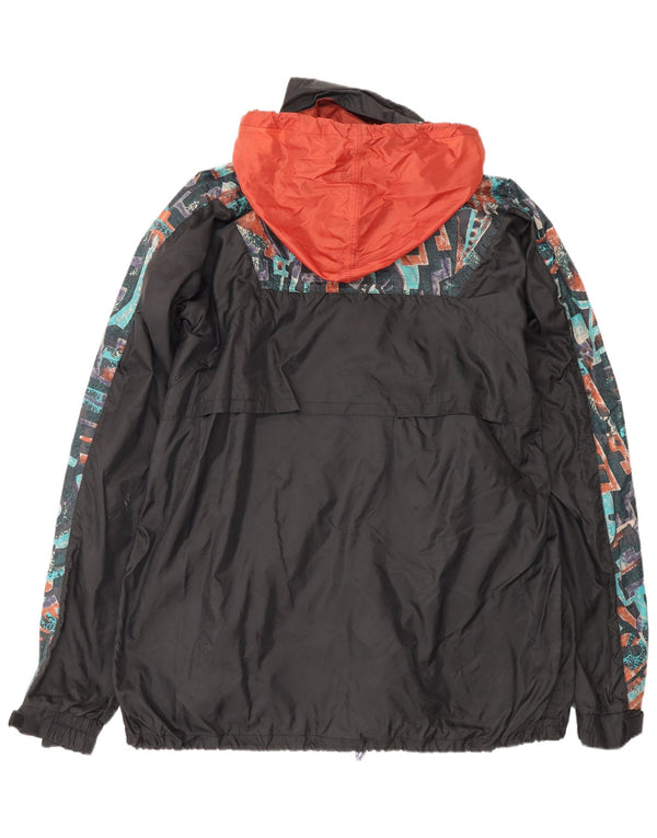 Giacca antipioggia vintage da uomo con cappuccio anorak UK 38 medio nero geometrico