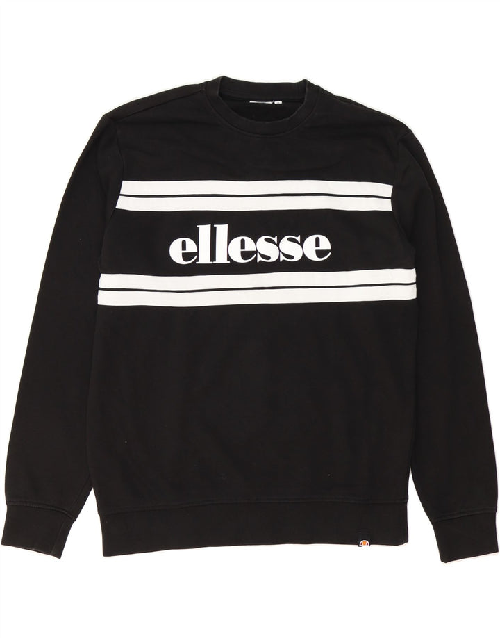 ELLESSE Mens Graphic Sweatshirt Jumper Medium Black Striped Cotton Vintage Ellesse and Second-Hand Ellesse from Messina Hembry 