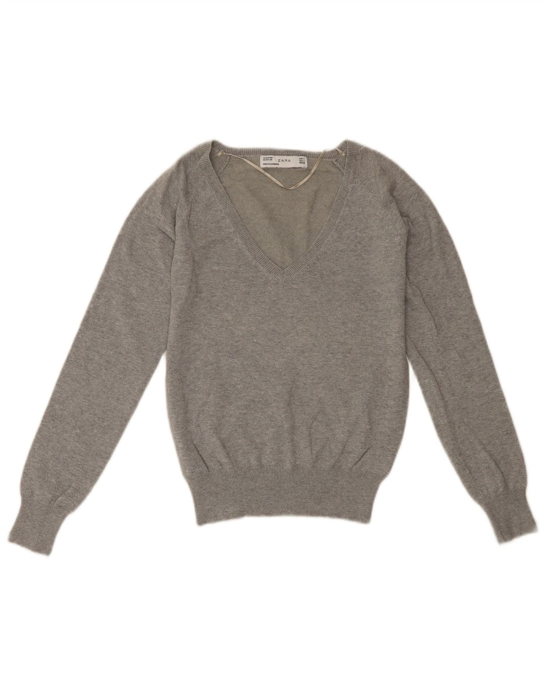Maglione ZARA da donna corto con scollo a V UK 10 piccolo cotone grigio