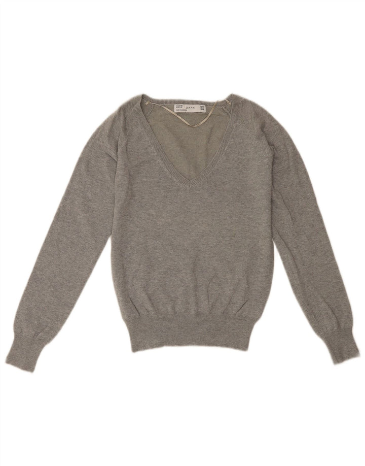 Maglione ZARA da donna corto con scollo a V UK 10 piccolo cotone grigio