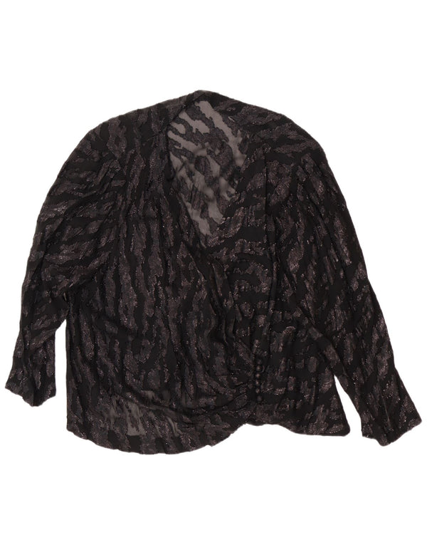 Top camicetta a maniche lunghe da donna vintage UK 14 grande stampa animalier nera