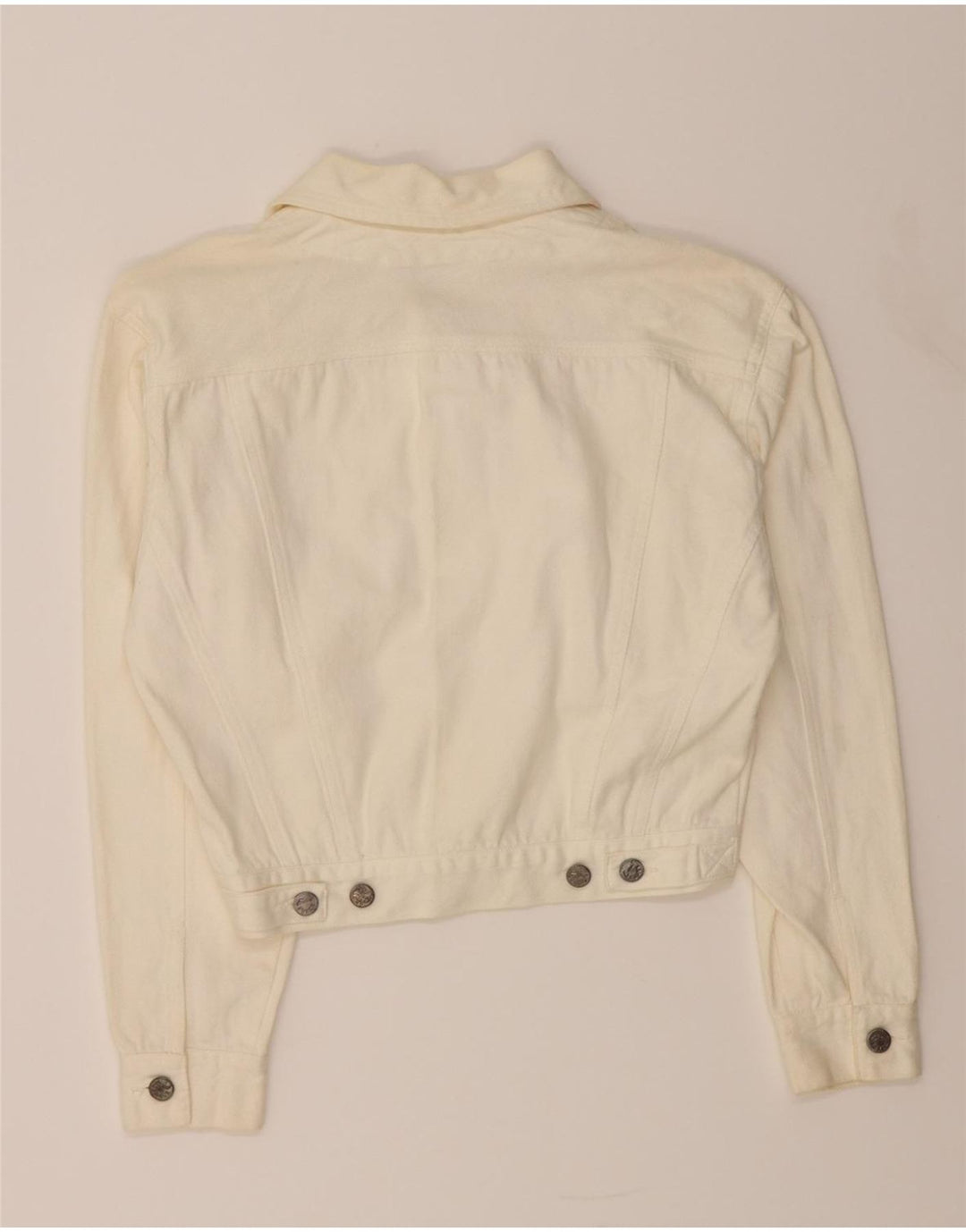 VINTAGE Womens Graphic Crop Denim Jacket UK 8 Small Off White Cotton Vintage Vintage and Second-Hand Vintage from Messina Hembry 