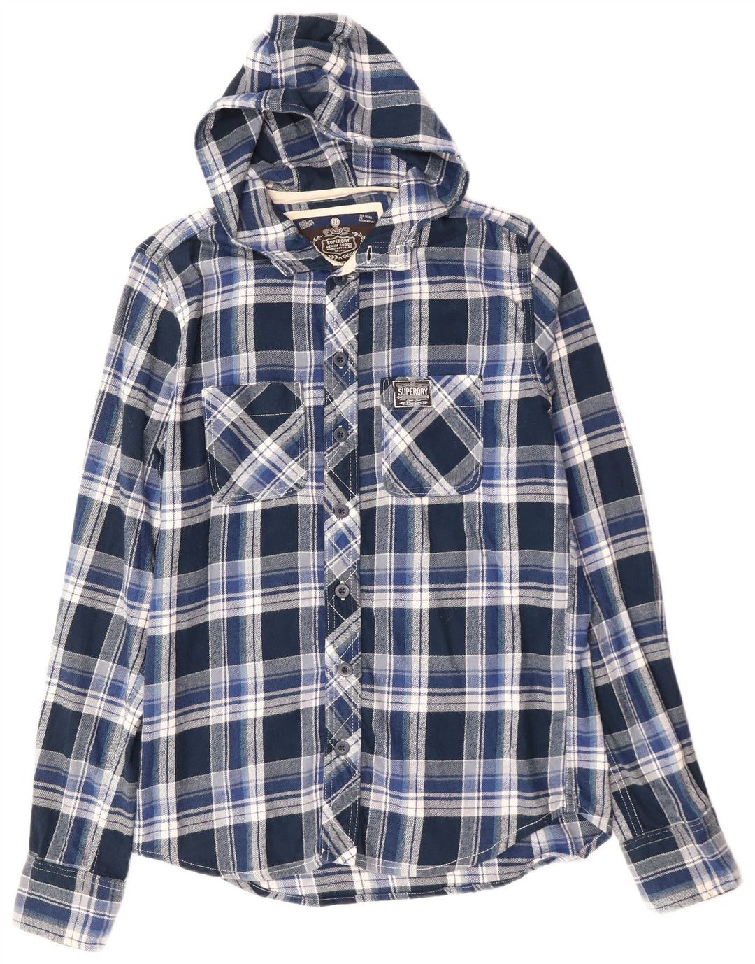 Camicia da uomo in flanella con cappuccio SUPERDRY, cotone a quadri blu medio