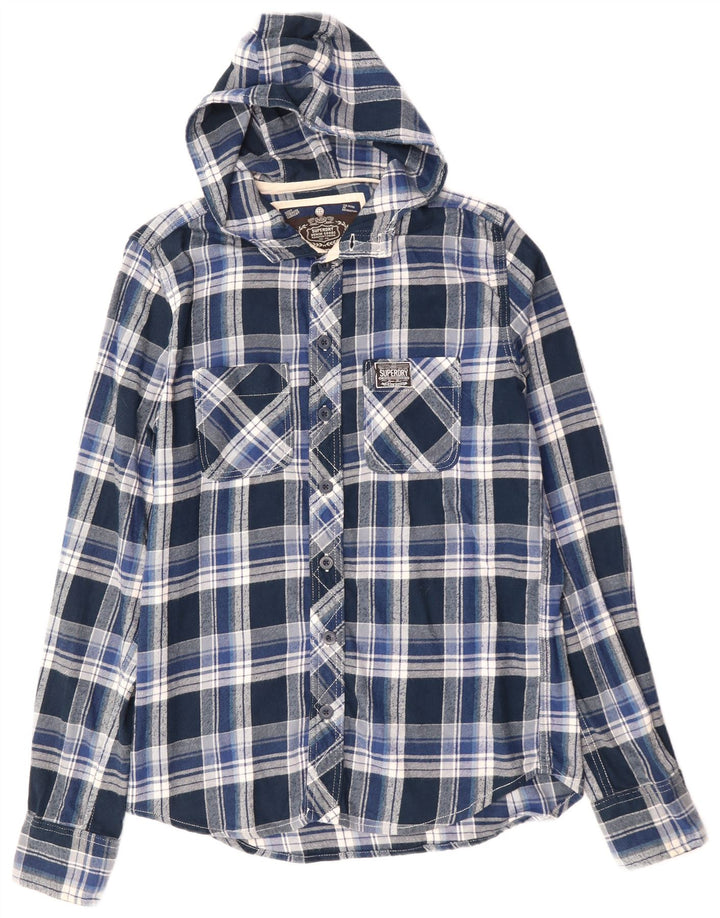 Camicia da uomo in flanella con cappuccio SUPERDRY, cotone a quadri blu medio