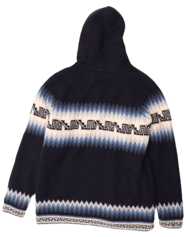 Maglione cardigan con cappuccio da uomo vintage grande blu navy Fair Isle azteco