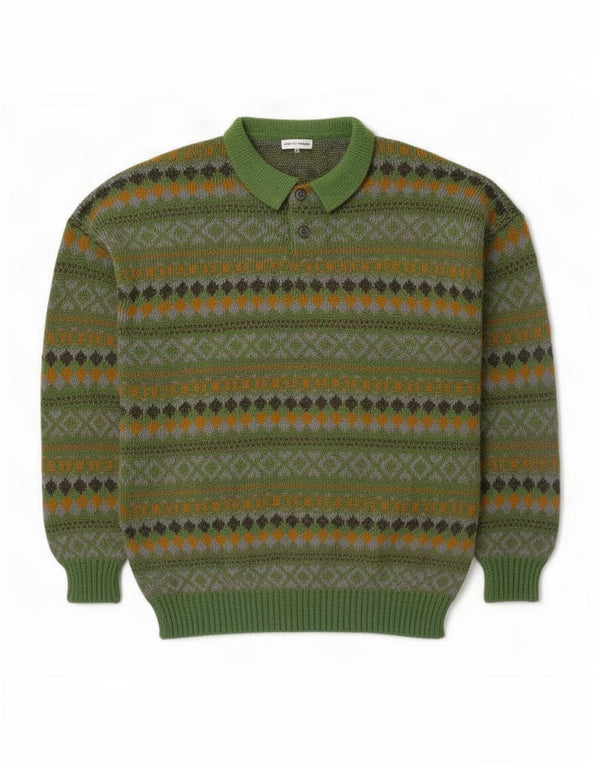 Maglione vintage da uomo con collo alto in lana Fair Isle verde medio