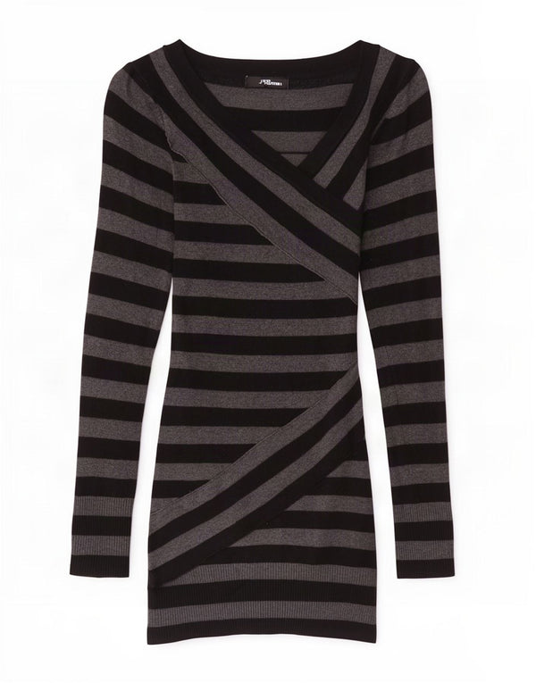 Maglione maglione con scollo a V lungo da donna Jane Norman UK 10 piccolo grigio a righe