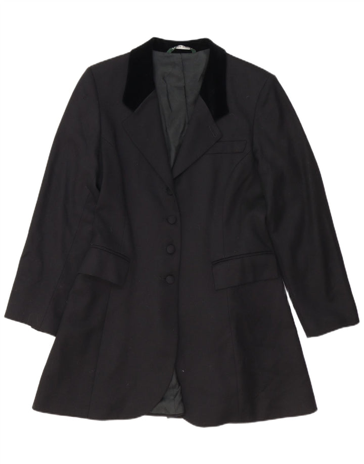 LAURA ASHLEY Giacca blazer lunga da donna a 4 bottoni UK 14 Grande lana nera