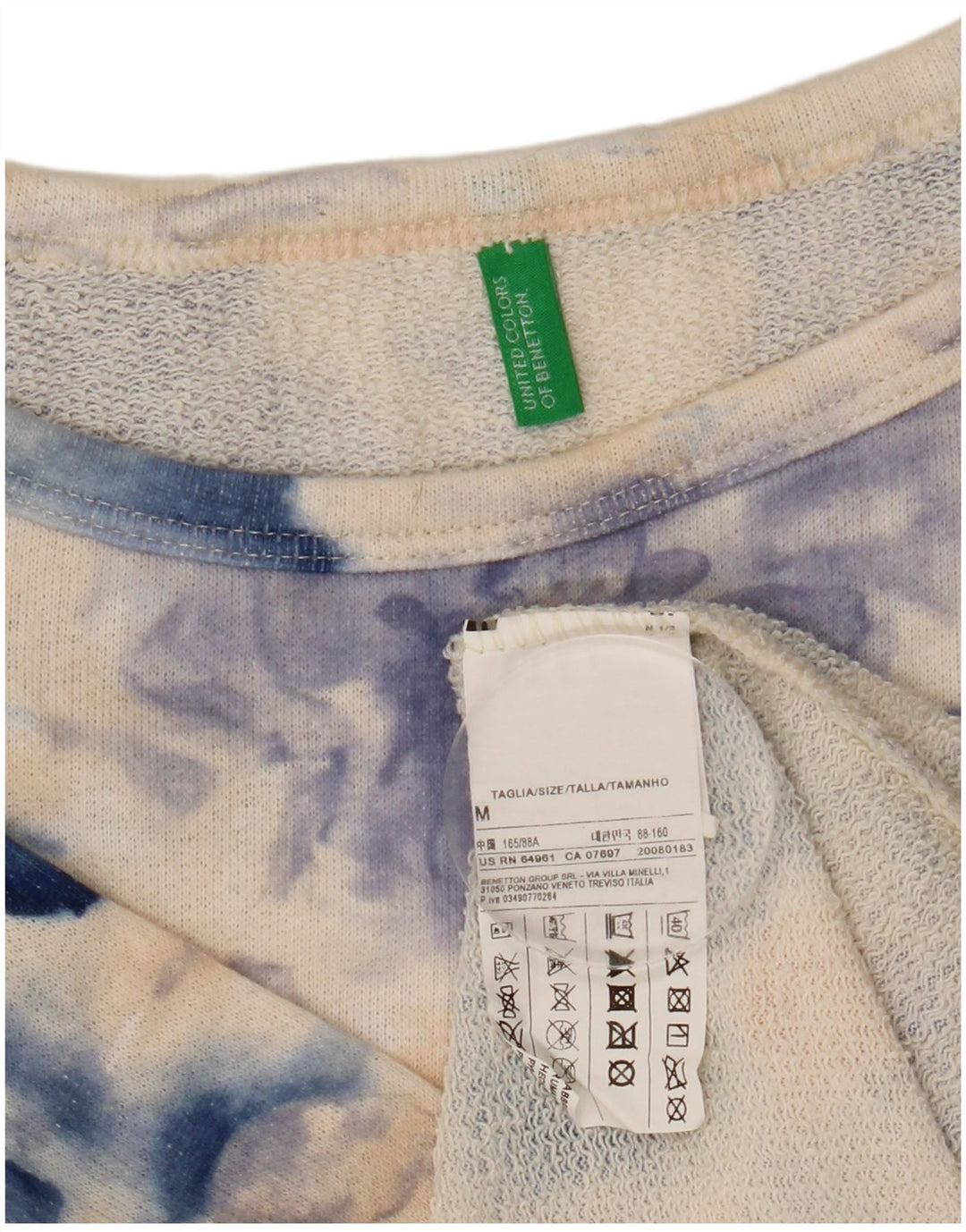 BENETTON Top da donna manica 3/4 UK 14 cotone floreale blu medio