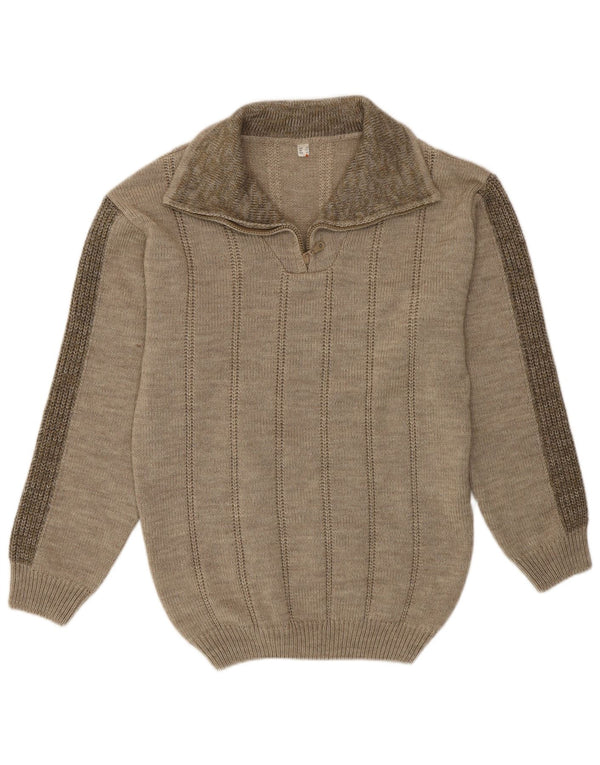 Maglione vintage da uomo con collo con zip UK 38 Poliacrilico chiazzato color kaki medio