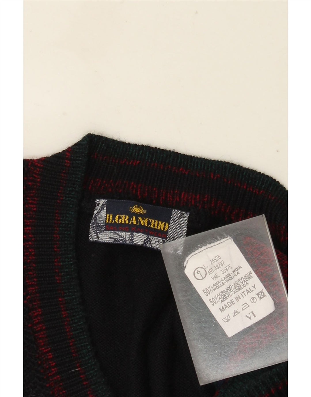 Maglione da uomo con scollo a V Il Granchio, grande, in lana color block blu navy
