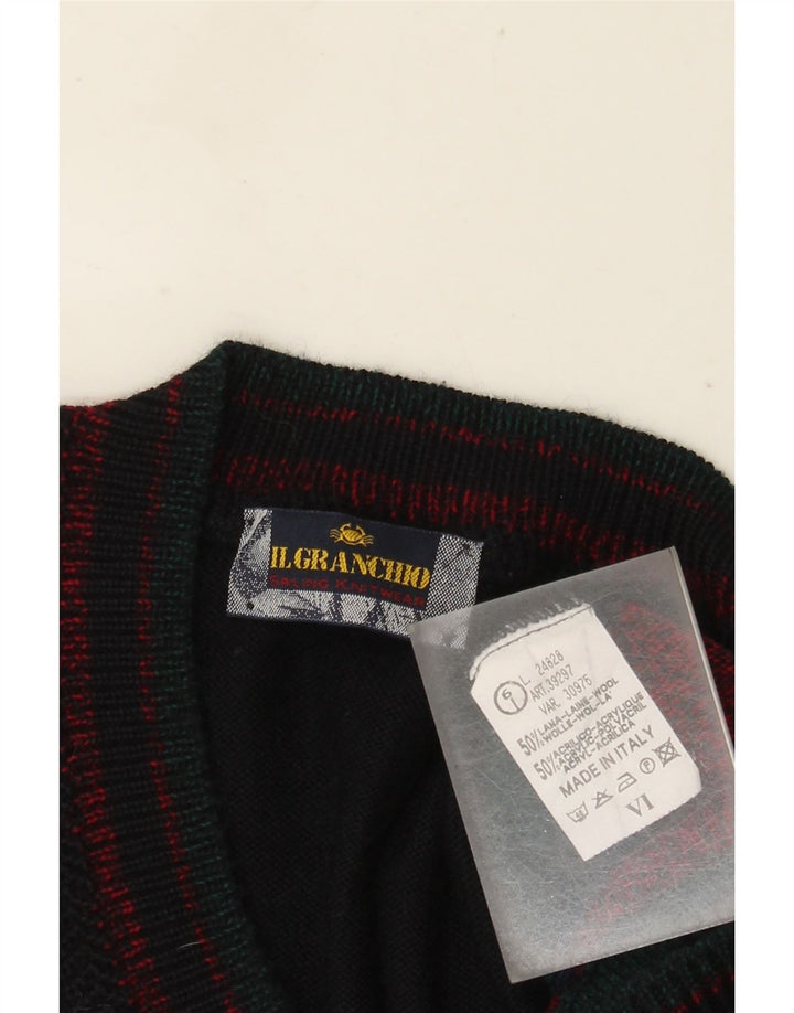 Maglione da uomo con scollo a V Il Granchio, grande, in lana color block blu navy