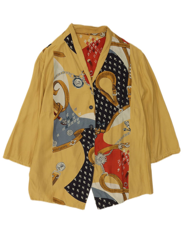 Camicetta camicia a maniche a 3/4 con motivo astratto vintage da donna UK 14 grande gialla