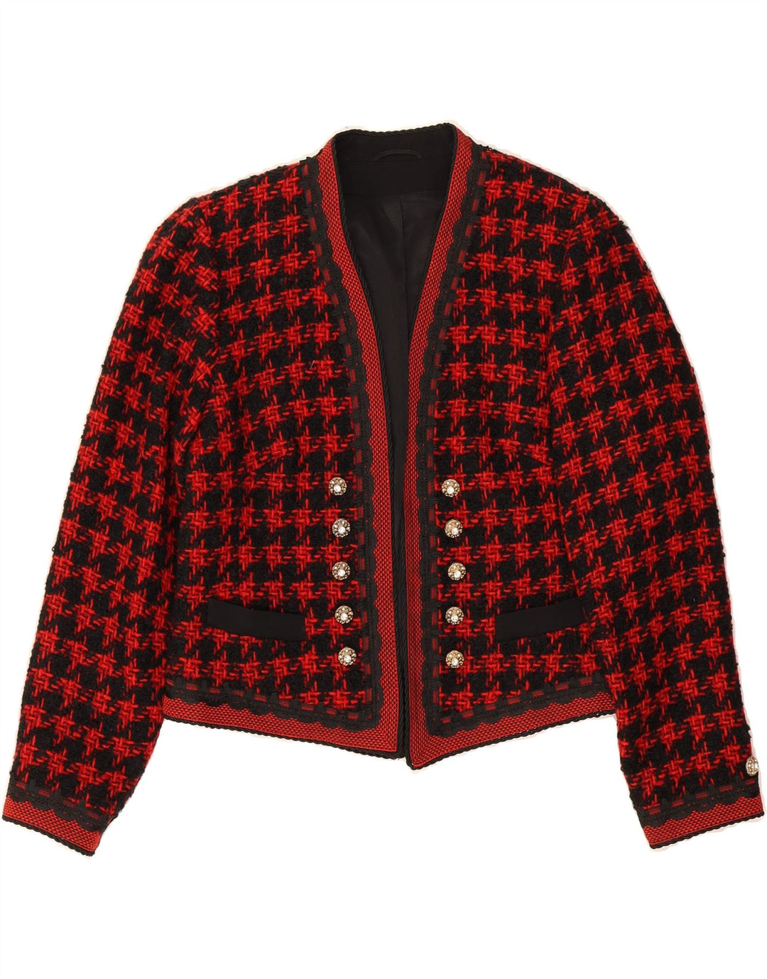 HELENE STRABER Womens Crop Open Blazer Jacket EU 38 Medium Red Houndstooth Vintage Helene Straber and Second-Hand Helene Straber from Messina Hembry 