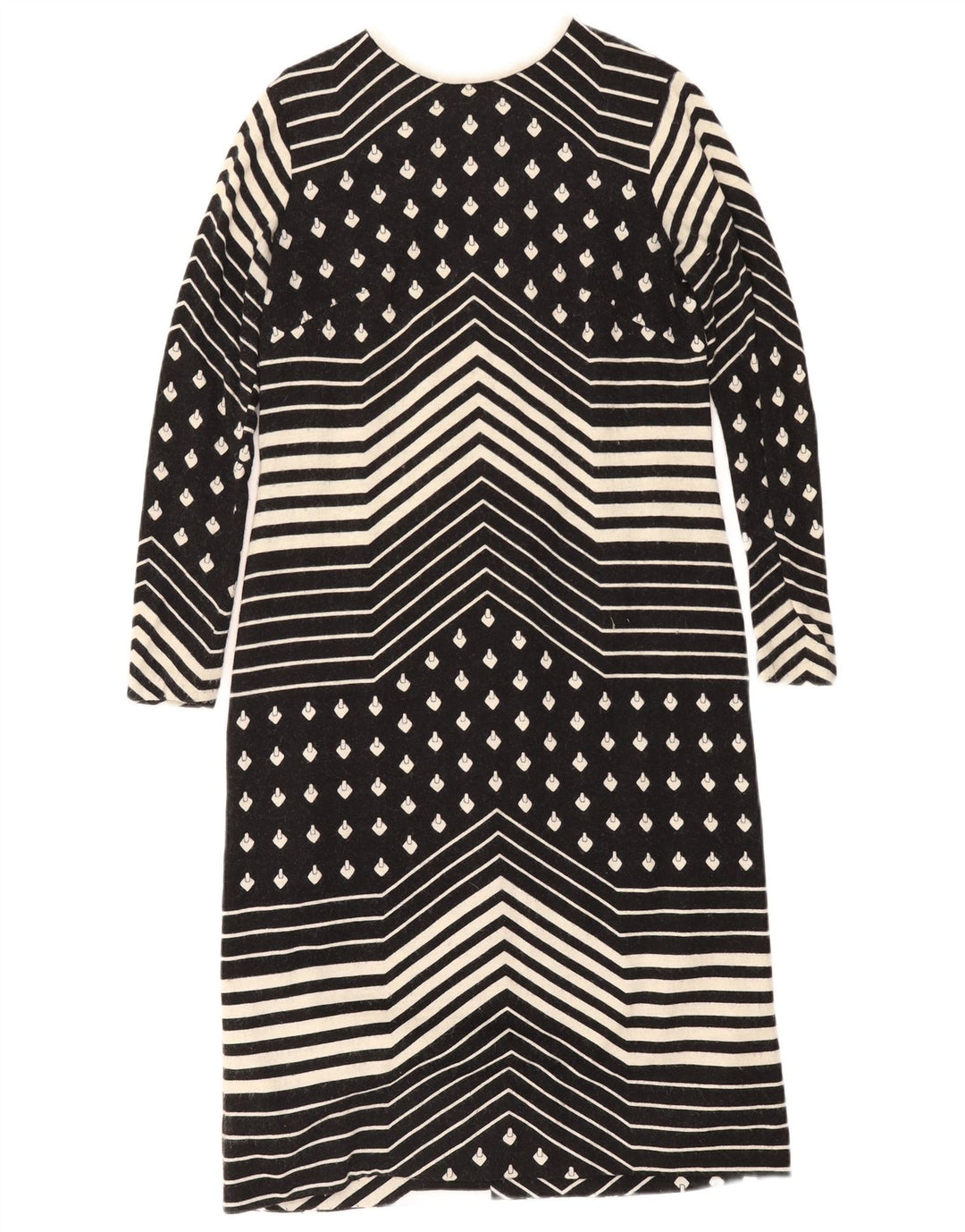 Abito a trapezio a maniche lunghe da donna vintage UK 12 medio nero geometrico