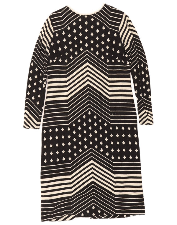 Abito a trapezio a maniche lunghe da donna vintage UK 12 medio nero geometrico