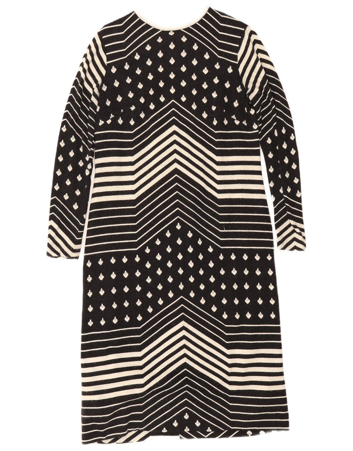Abito a trapezio a maniche lunghe da donna vintage UK 12 medio nero geometrico