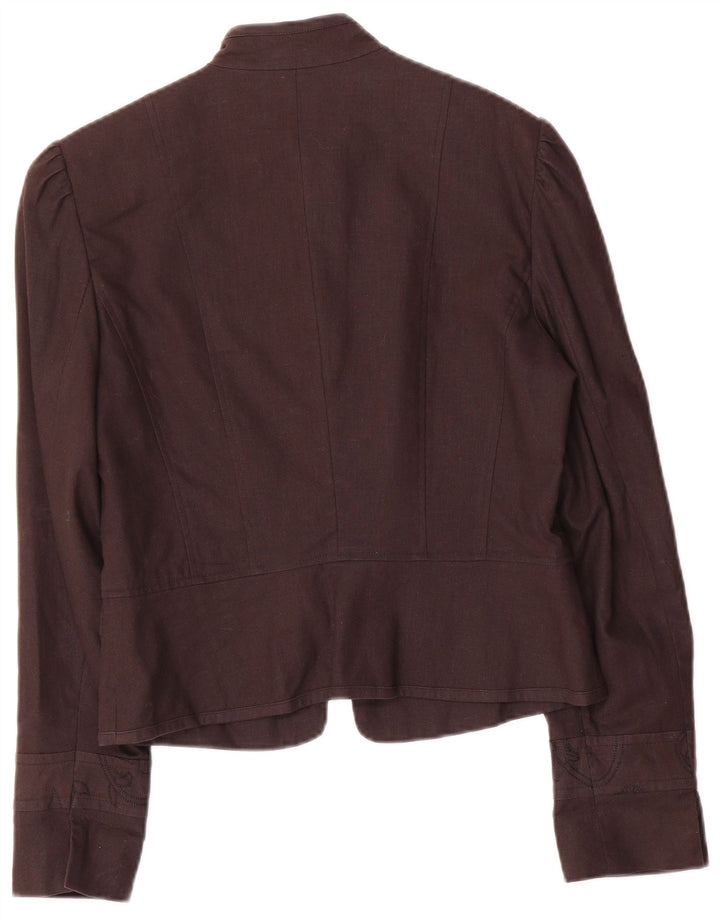 Giacca blazer vintage da donna a 5 bottoni UK 10 piccolo lino floreale marrone