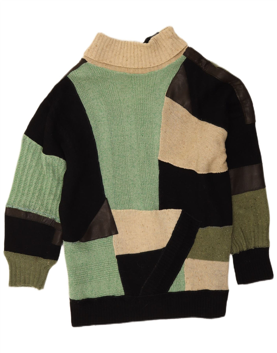 Maglione maglione vintage da donna con collo alto UK 14 Grande patchwork multicolore