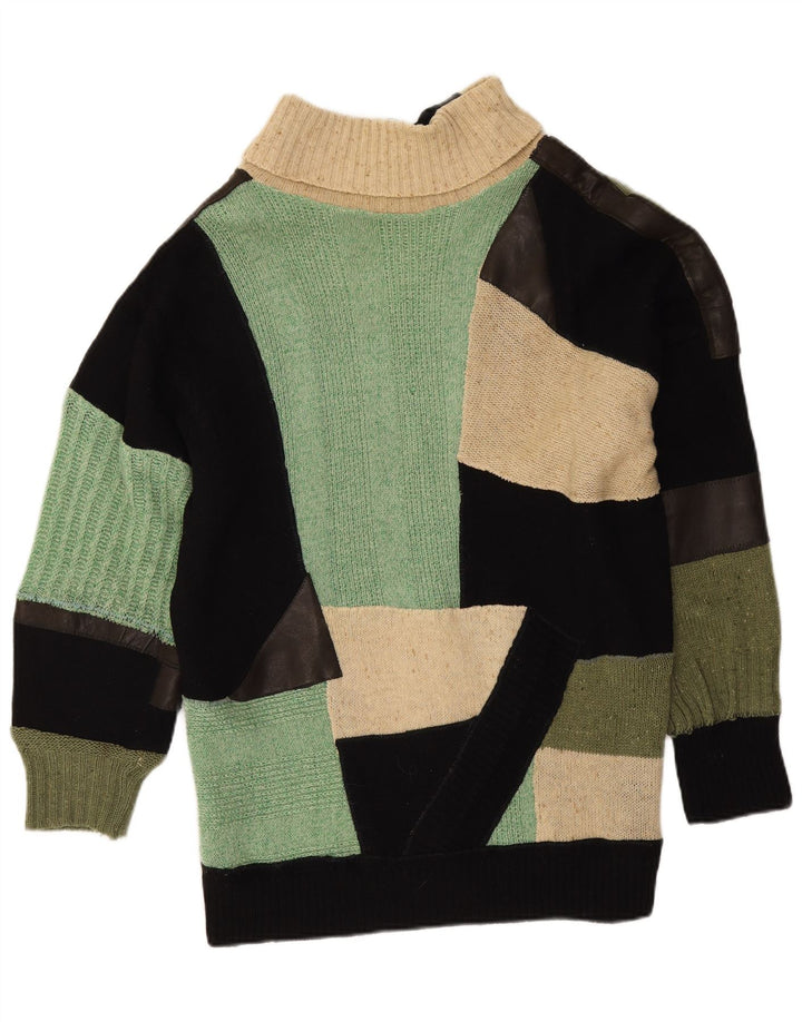 Maglione maglione vintage da donna con collo alto UK 14 Grande patchwork multicolore