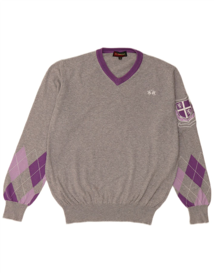 LA MARTINA Womens V-Neck Jumper Sweater UK 14 Medium Grey Argyle/Diamond