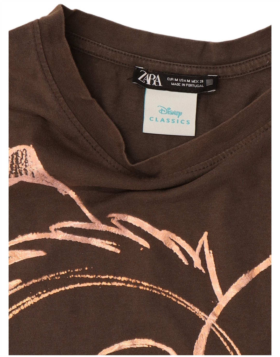 ZARA Womens Graphic T-Shirt Top UK 14 Medium Brown Cotton