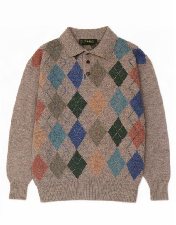 MC Kenzy Mens Polo Neck Jumper Sweater Large Grey Argyle/Diamond Wool