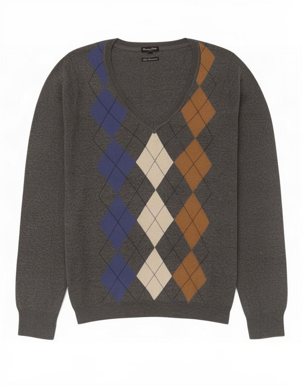 Massimo Dutti Maglione da donna con scollo a V UK 16 Large Grey Argyle/Diamond