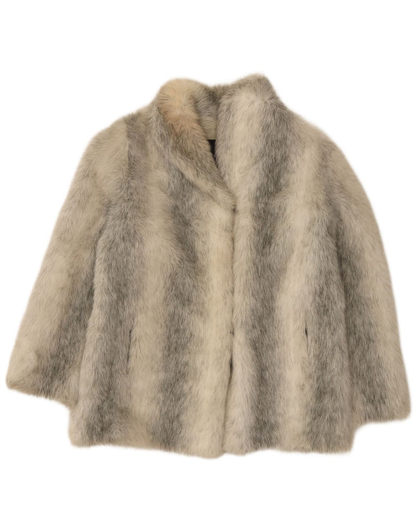 Cappotto in pelliccia sintetica vestibilità ampia da donna vintage UK 10 piccolo acrilico a strisce grigie