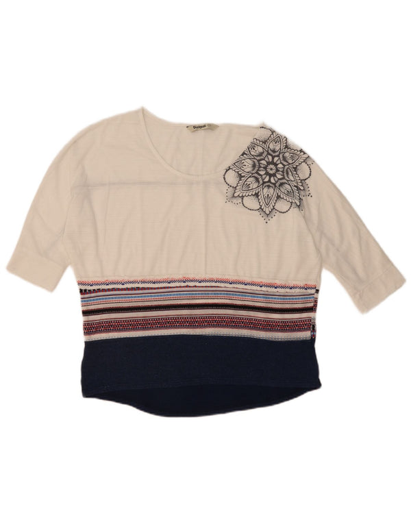 Desigual Womens Graphic Top manica 3/4 UK 10 Small White Colourblock