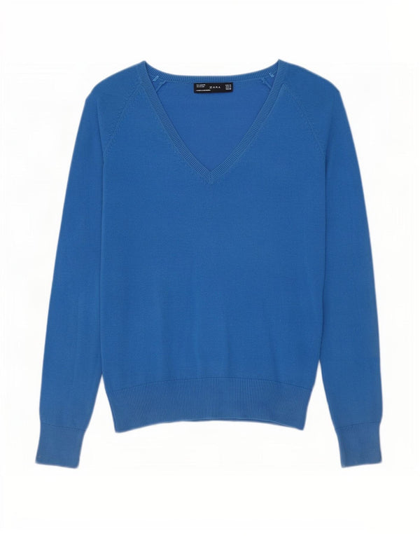 Maglione da donna con scollo a V Zara UK 12 Cotone blu medio