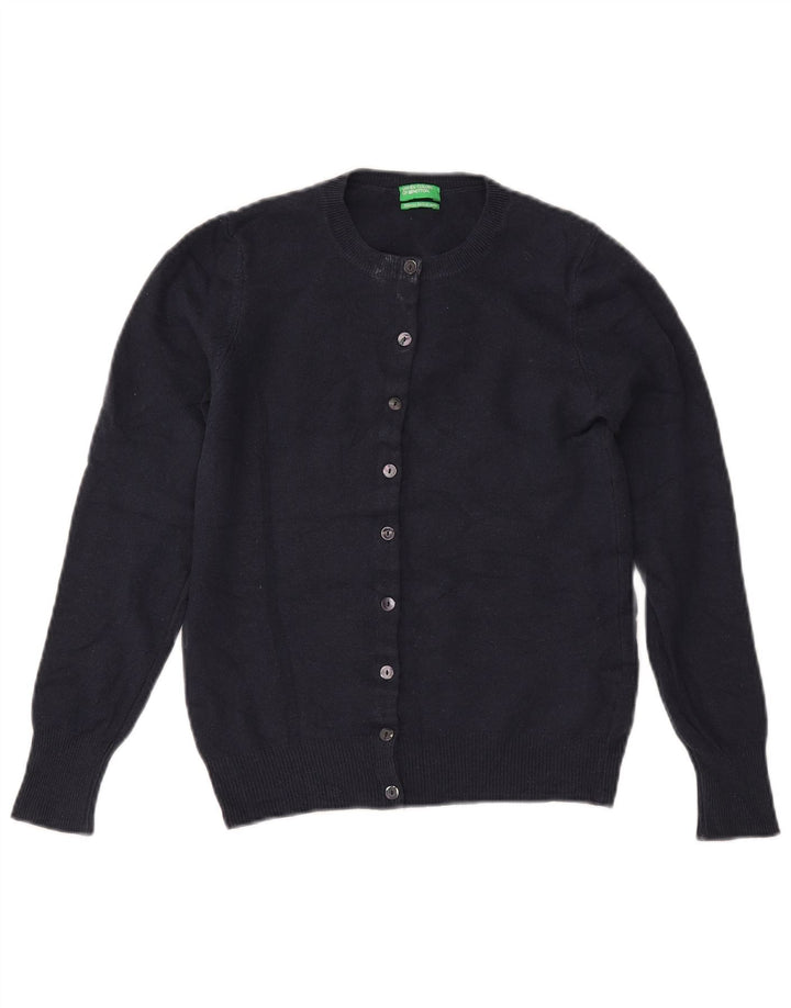 BENETTON Maglione cardigan corto da donna UK 6 XS Lana merino blu navy