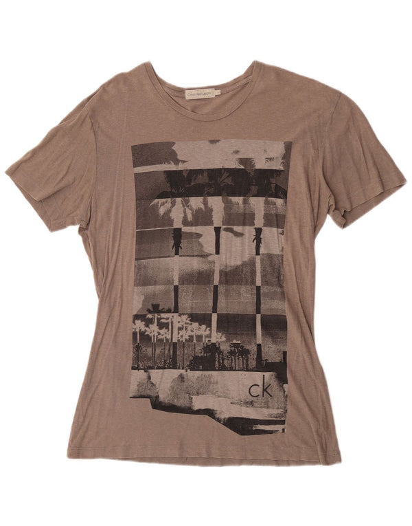 Calvin Klein Jeans T-shirt grafica da donna Top UK 16 Large Grigio Cotone