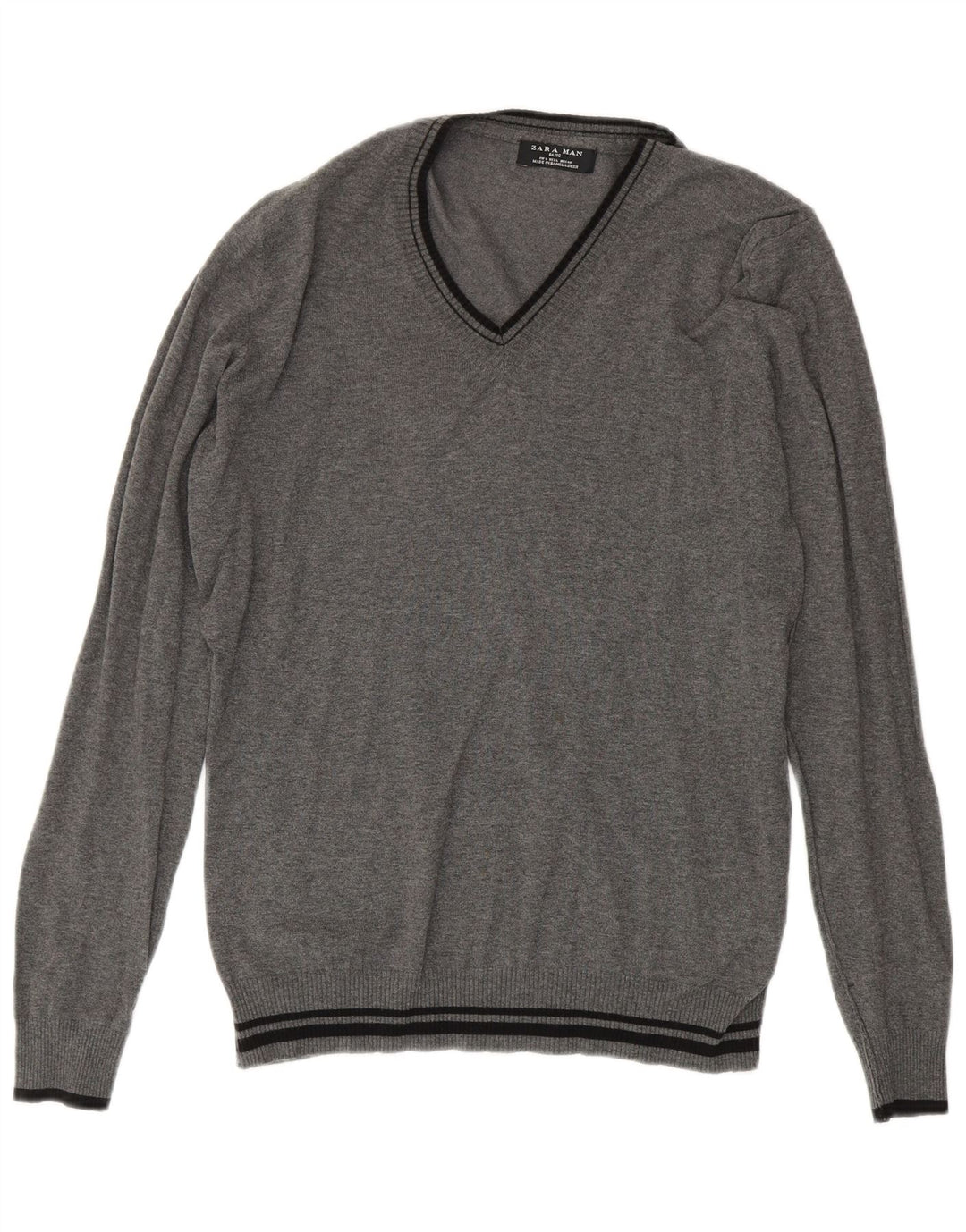 Maglione Zara da uomo con scollo a V, cotone a righe grandi grigie