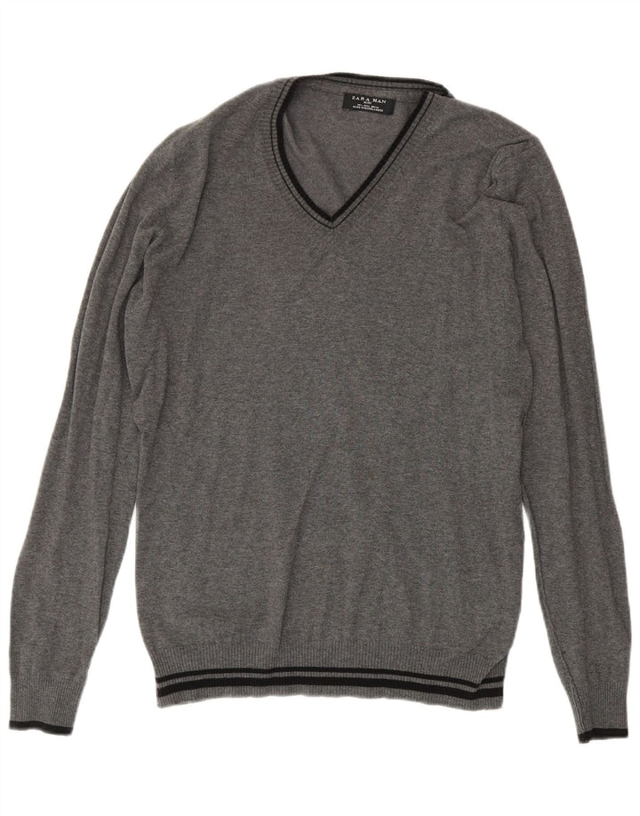 Maglione Zara da uomo con scollo a V, cotone a righe grandi grigie