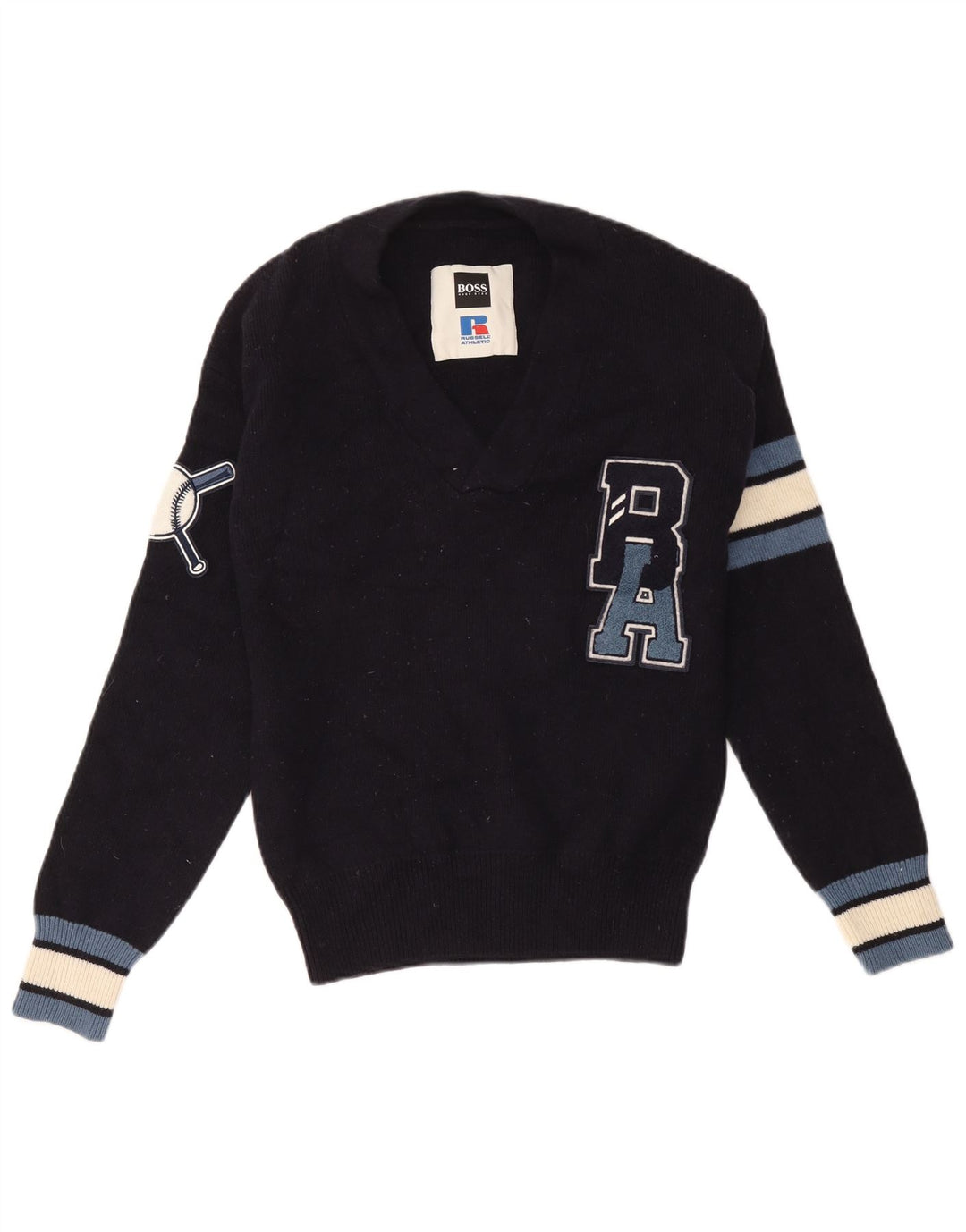 Hugo Boss Maglione da uomo con scollo a V grafico a blocchi di colore blu navy medio