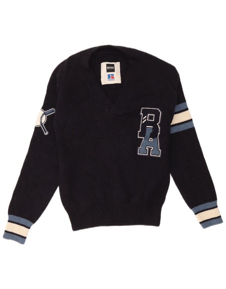 Hugo Boss Maglione da uomo con scollo a V grafico a blocchi di colore blu navy medio