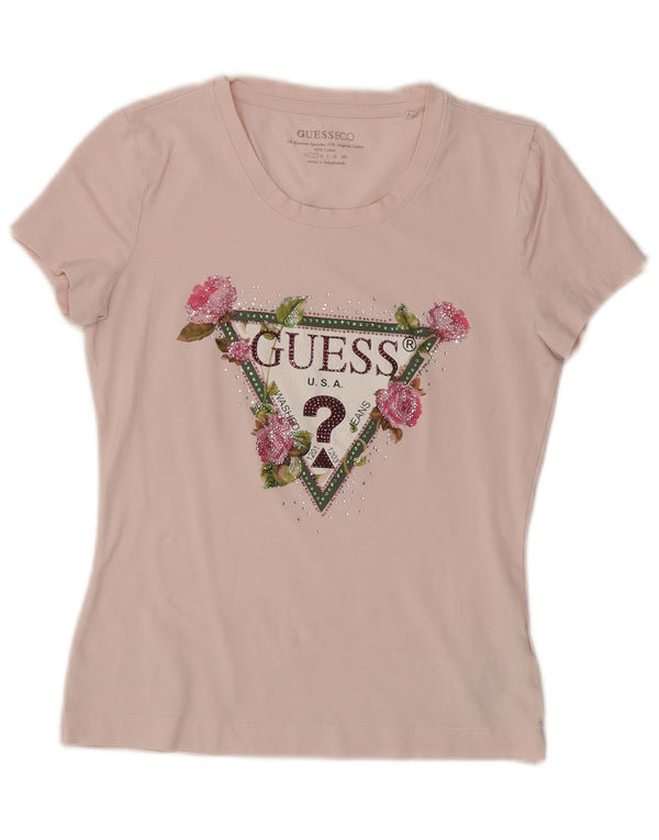 Guess T-shirt grafica da donna Top UK 10 Small Pink Floral Cotton