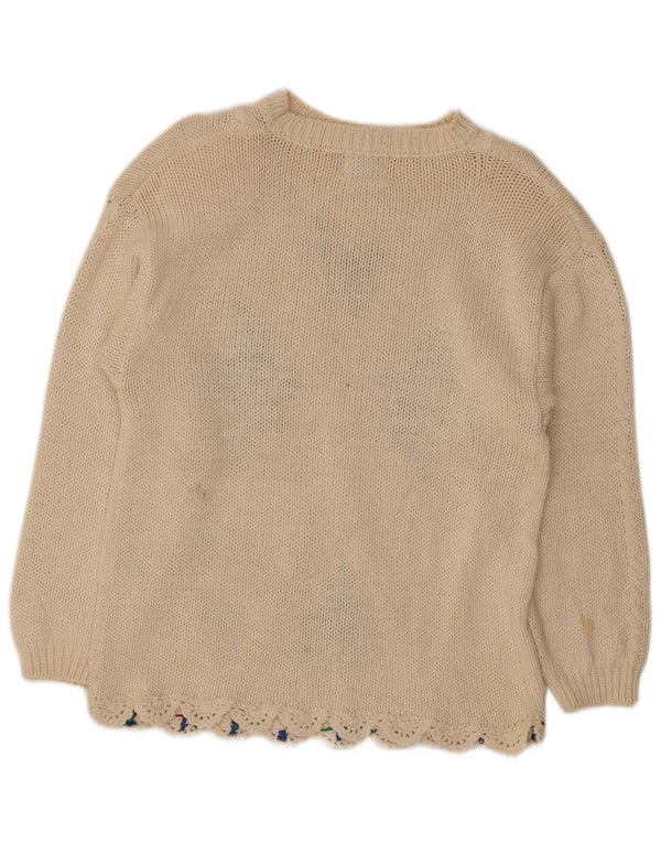 Maglione maglione girocollo da donna vintage UK 14 Ramie floreale bianco sporco medio