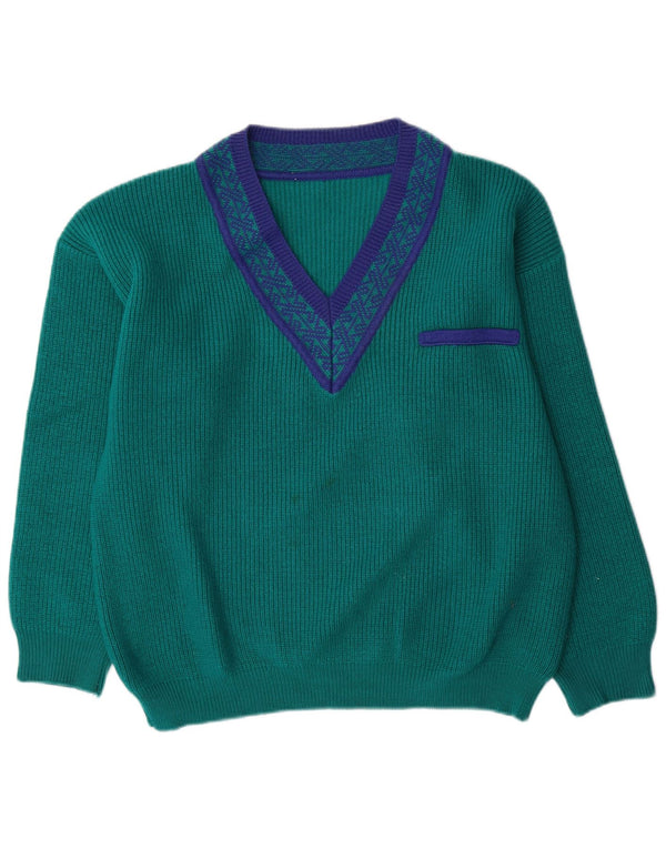 Maglione vintage da uomo con scollo a V, grande lana geometrica verde